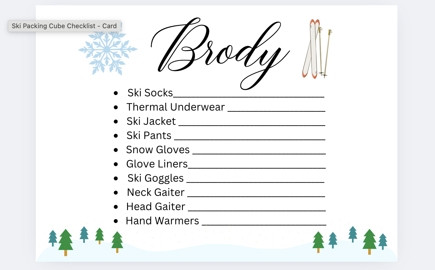ski packing check list